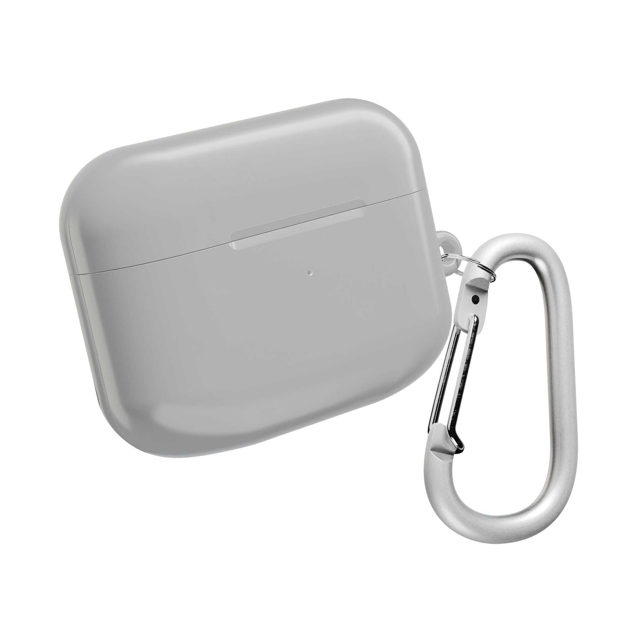 Silver AirPods/Pro protective case with hard shell, glossy finish, and carabiner clip for secure portability