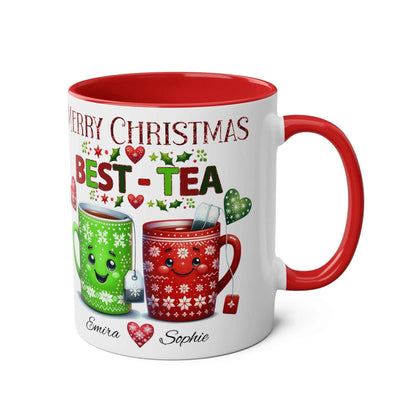Personalised Bestie Christmas Mug with festive red and green design, perfect gift for friends.