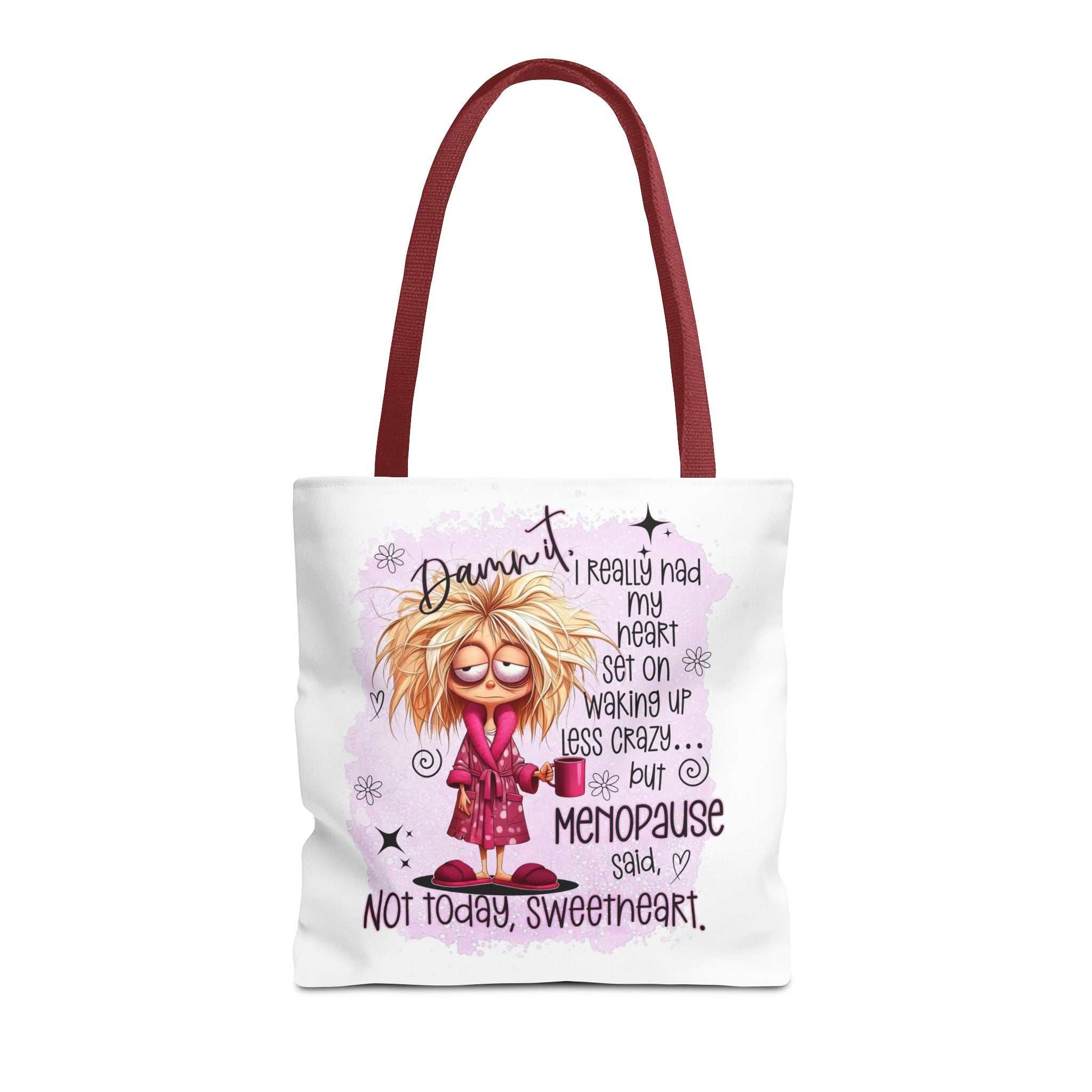 Menopause humour tote bag with cheeky design, durable spun polyester, three sizes, and colorful handles for casual use