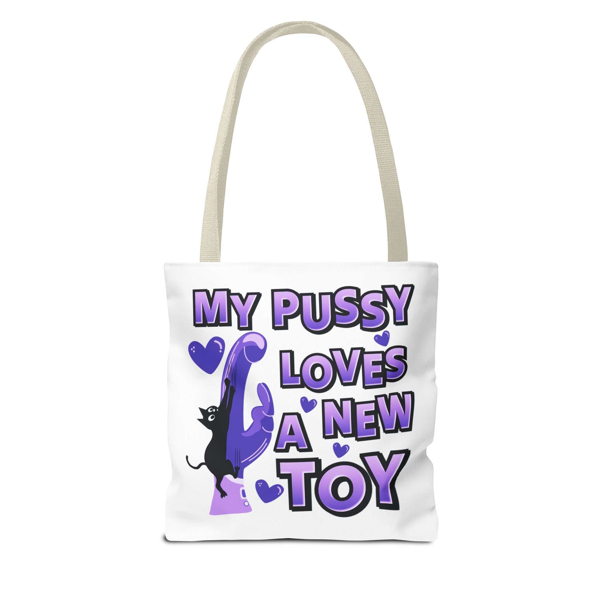 Cheeky fun cat toy tote bag with playful design and multiple handle color options