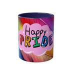LGBTQ+ Pride Mug with vibrant rainbow design and "Happy Pride" text, 11oz ceramic.