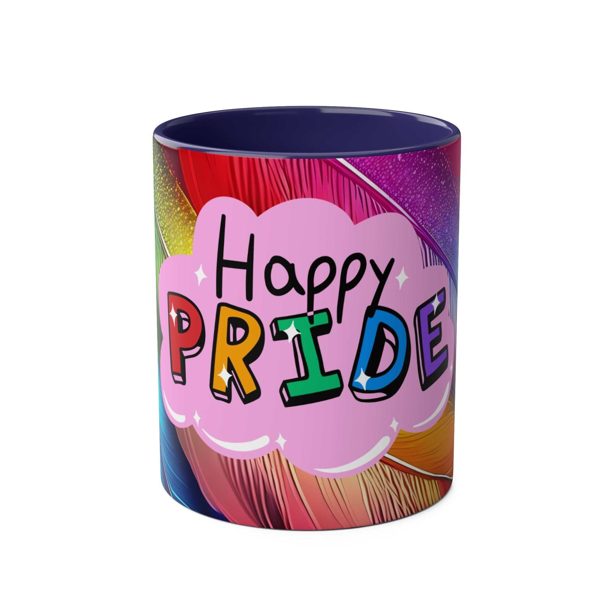 LGBTQ+ Pride Mug with vibrant rainbow design and "Happy Pride" text, 11oz ceramic.