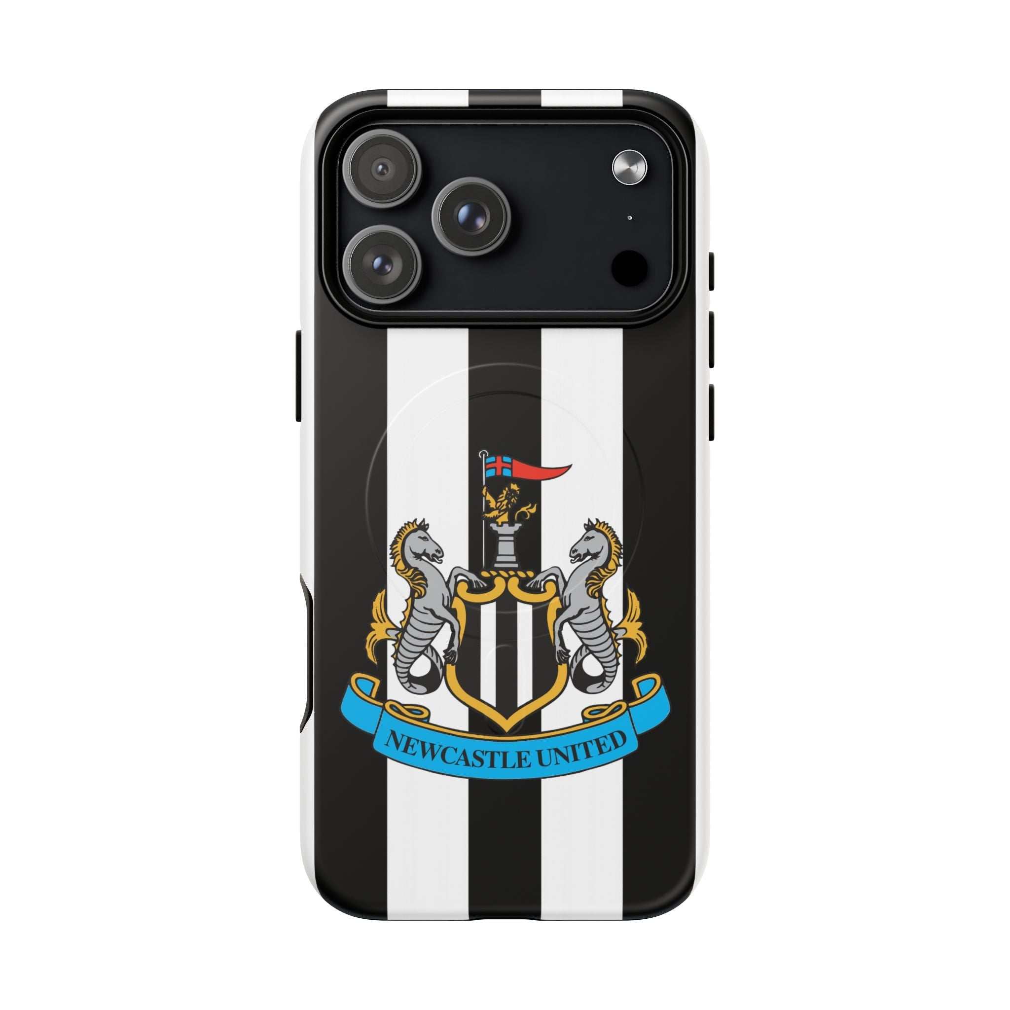 Newcastle United MagSafe iPhone case with black and white stripes and club crest, dual-layer durable protection