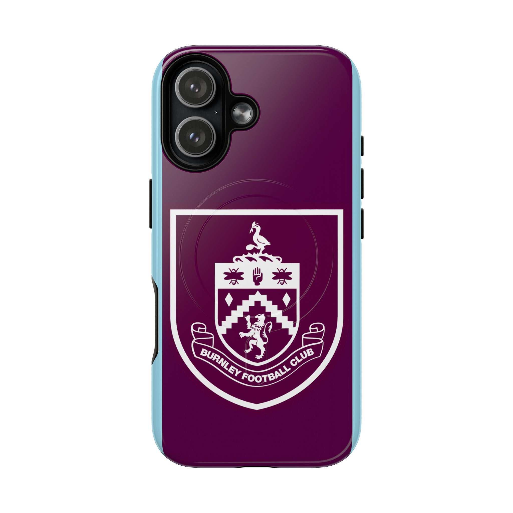 Burnley FC MagSafe iPhone Case with claret and blue colors and club crest, dual-layer protective design, and MagSafe compatibility