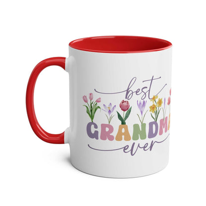 Best Grandma Ever Mother's Day gift mug with floral design and red interior handle.