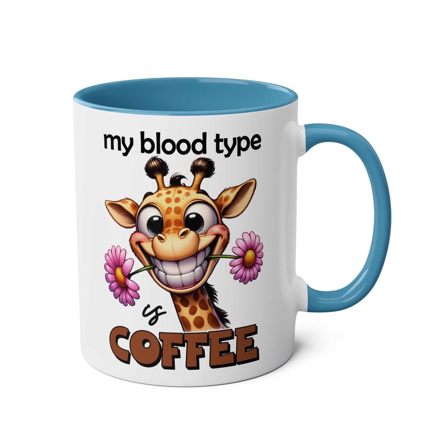 Funny giraffe design on "My Blood Type Coffee Mug" with blue handle, 11oz ceramic, perfect for coffee lovers.