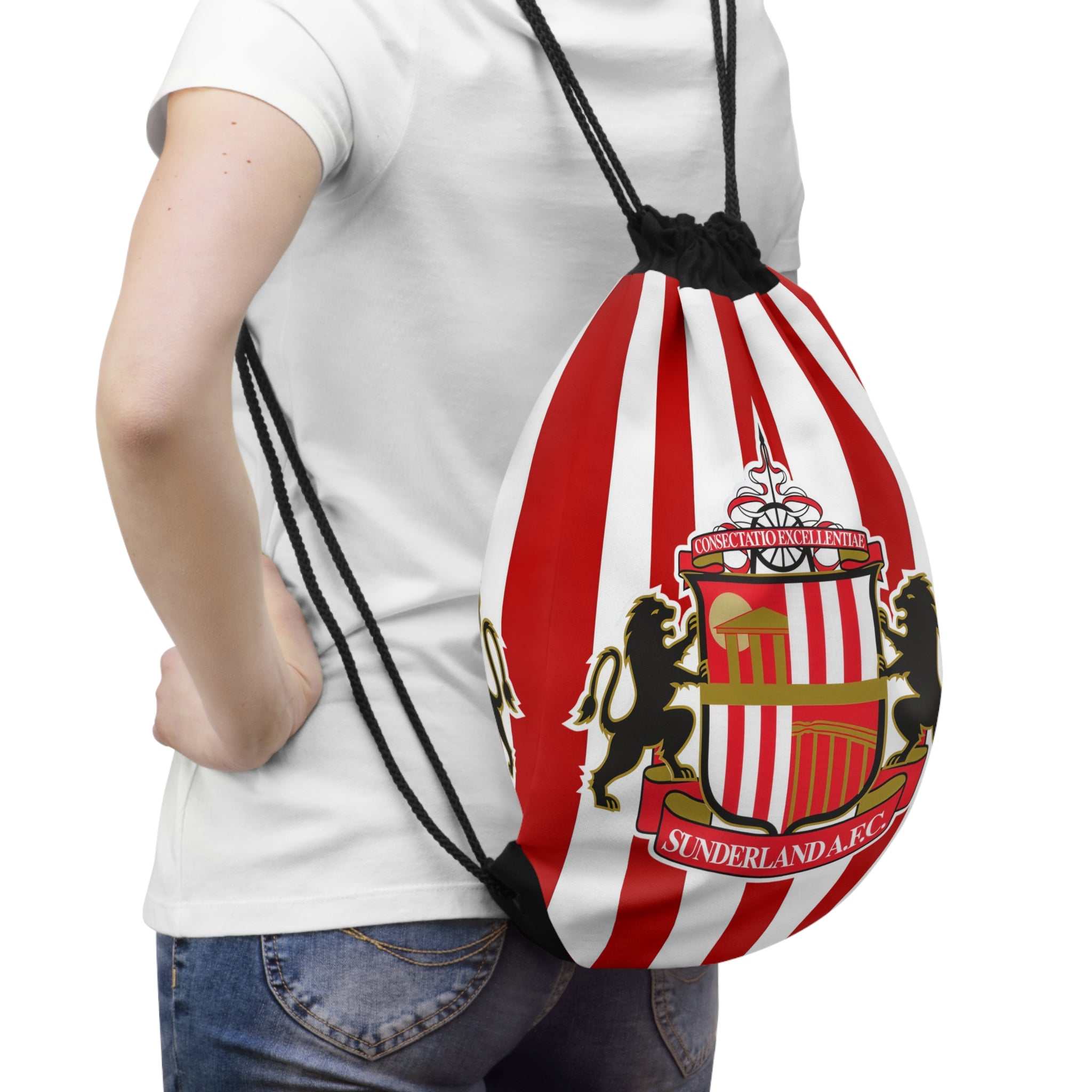 Sunderland FC drawstring bag in red and white with club crest, lightweight polyester, spacious and durable.