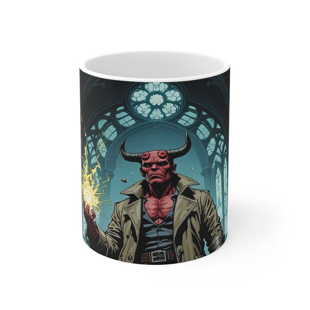 11oz ceramic Hellboy fantasy mug with glossy finish, microwave and dishwasher safe, featuring a detailed Hellboy demon hero design.