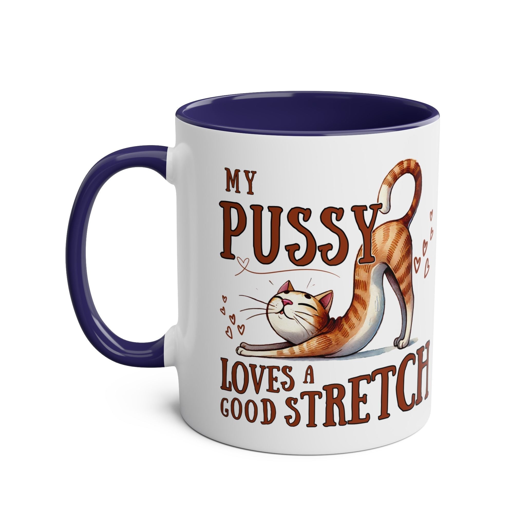Cheeky Fun Coffee Mug with playful cat stretch design and navy blue handle, 11oz ceramic, glossy finish, microwave and dishwasher safe