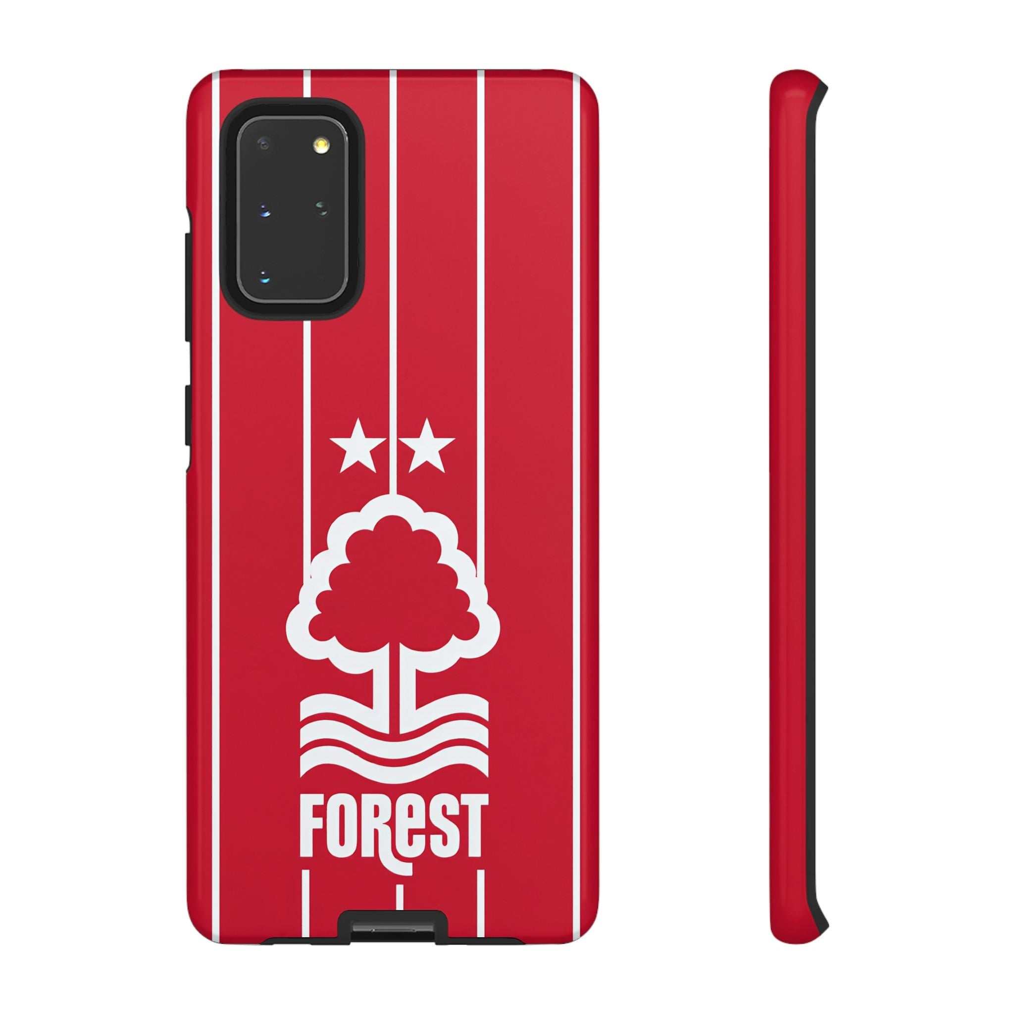 Nottingham Forest Samsung phone case with red colors, official-inspired crest, dual-layer protection, wireless charging compatible, and magnetic feature