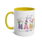 Best Nana Ever Mother's Day gift mug with colorful floral design, yellow handle, and glossy finish.