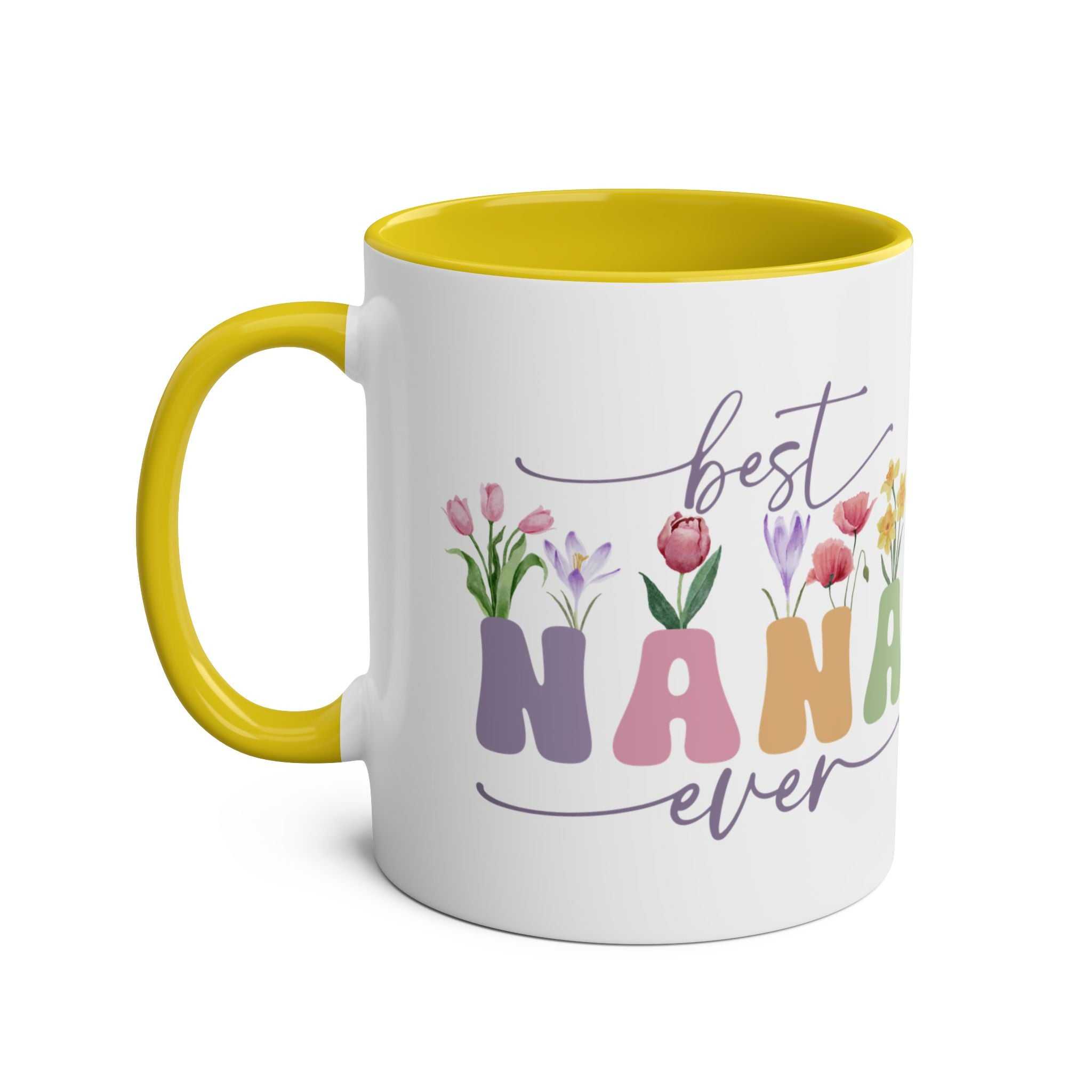 Best Nana Ever Mother's Day gift mug with colorful floral design, yellow handle, and glossy finish.