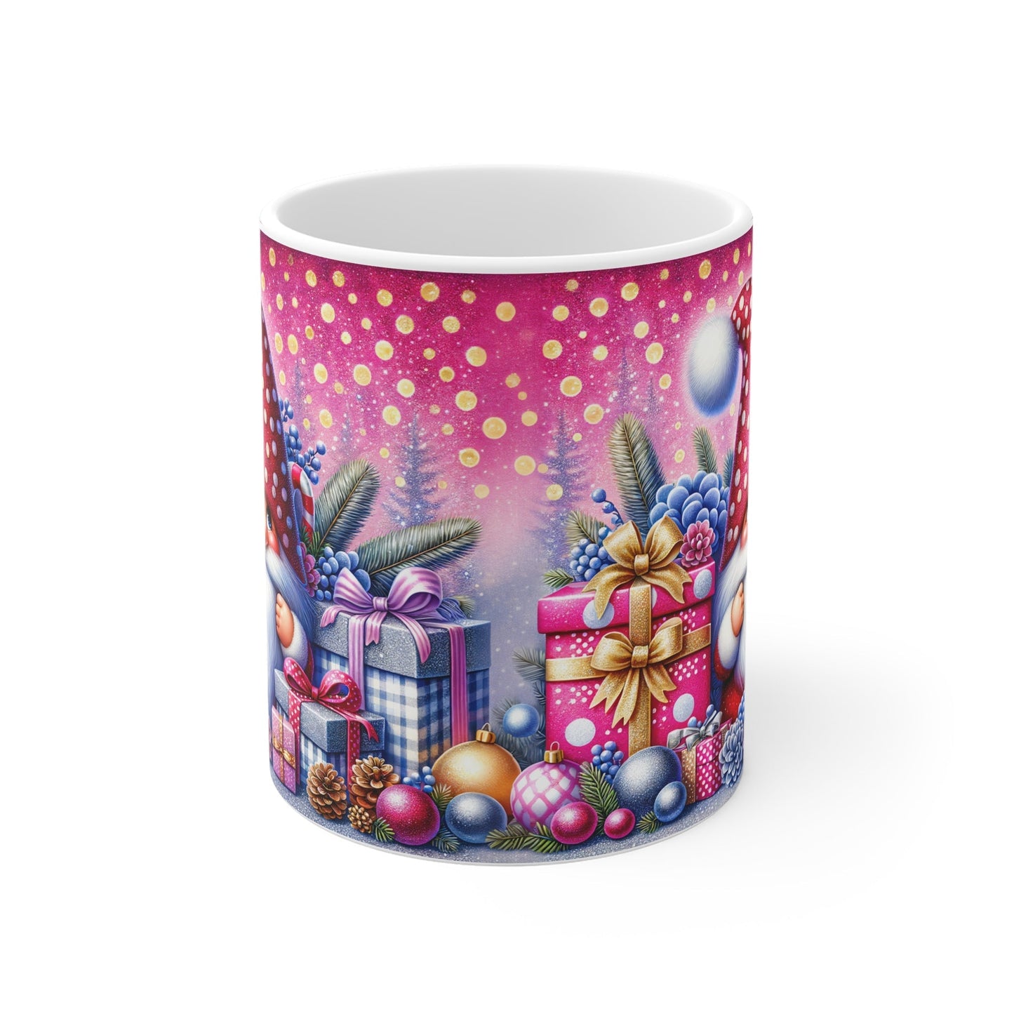 Christmas Gnome Mug with festive design, 11oz ceramic, glossy finish, perfect for hot chocolate.