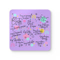 My Bestie Violet Coaster Set with cheeky designs, high-gloss MDF top, cork backing, and rounded corners, water-repellent and heat-resistant.