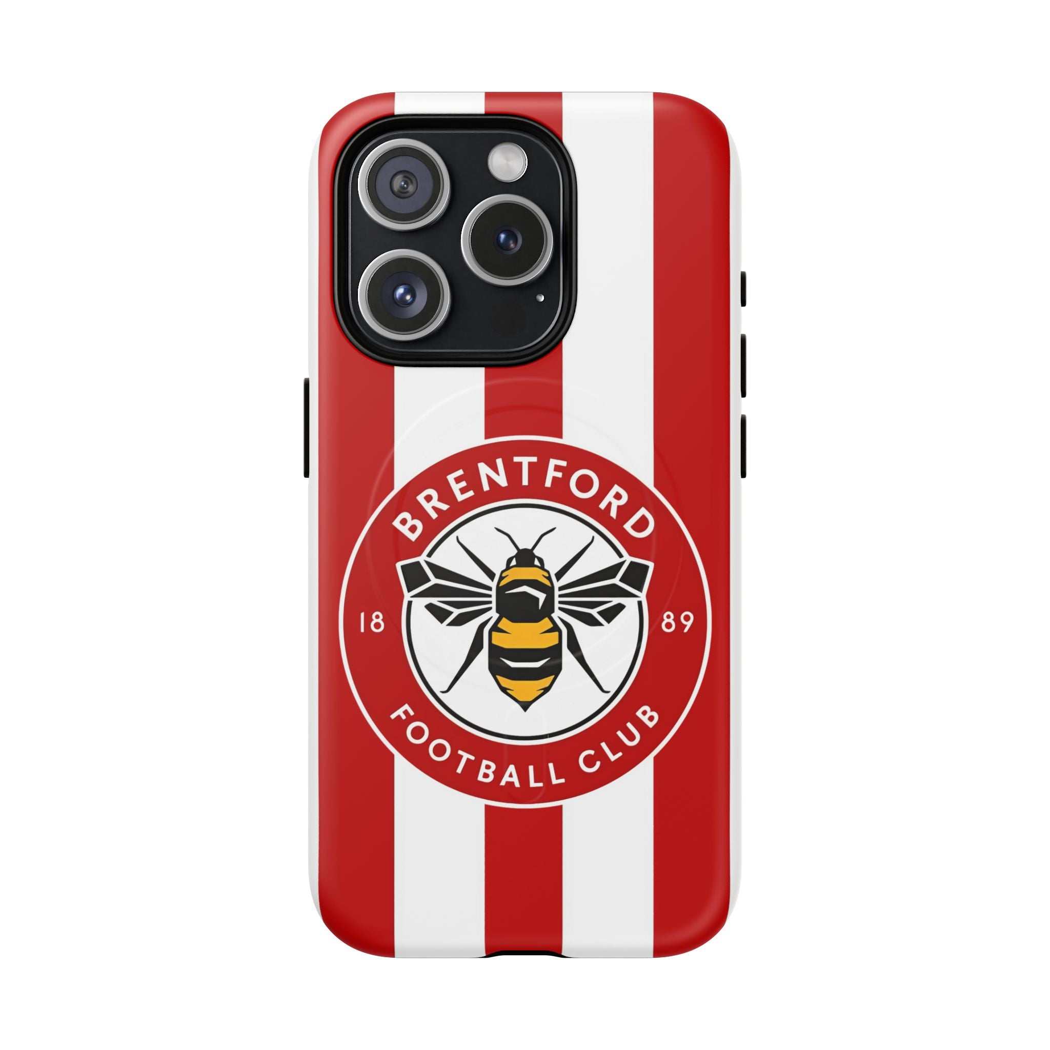 Brentford FC MagSafe iPhone case with red and white stripes and bee logo, dual-layer protective design, compatible with wireless charging