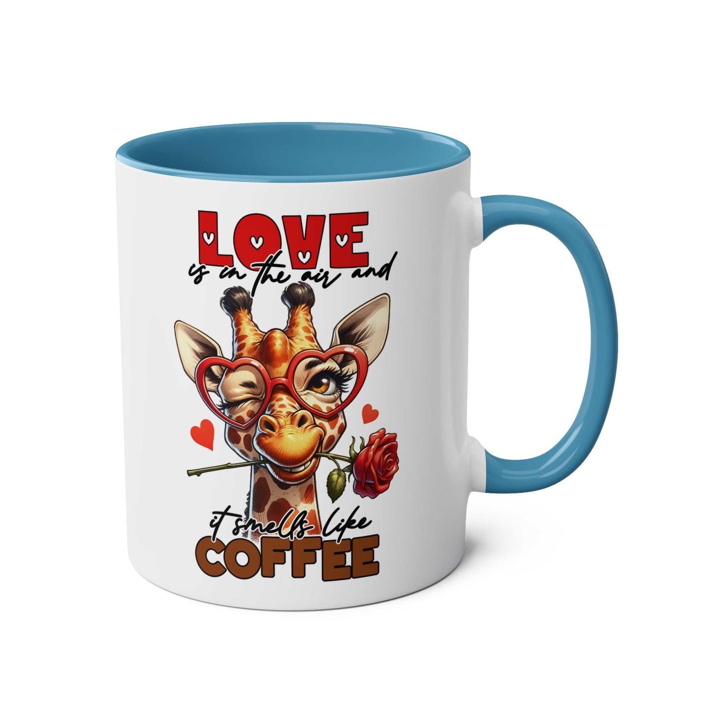 Giraffe design coffee mug with playful message, available in 7 colors, 11oz ceramic, microwave and dishwasher safe.