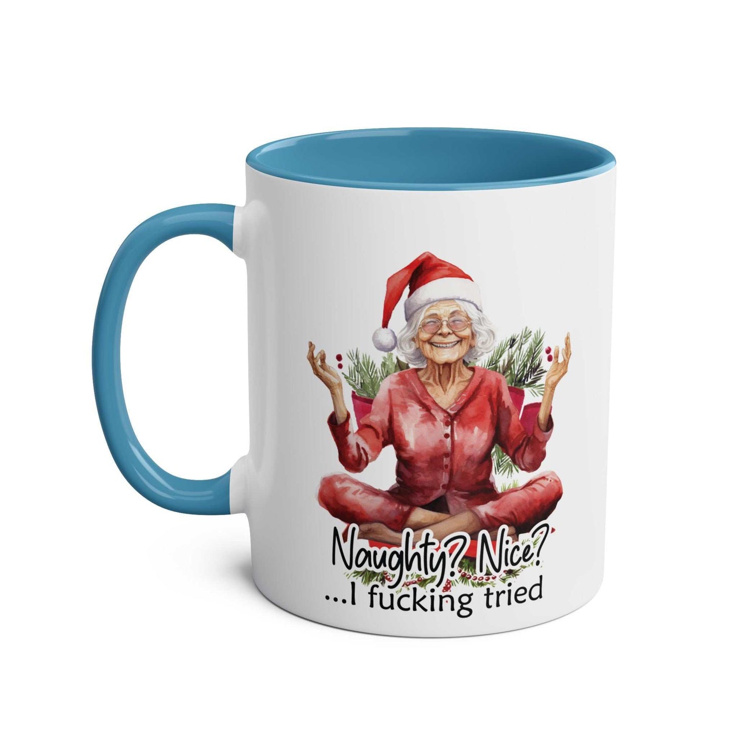 Sweary Granny Christmas Mug with humorous design, festive ceramic mug in blue.