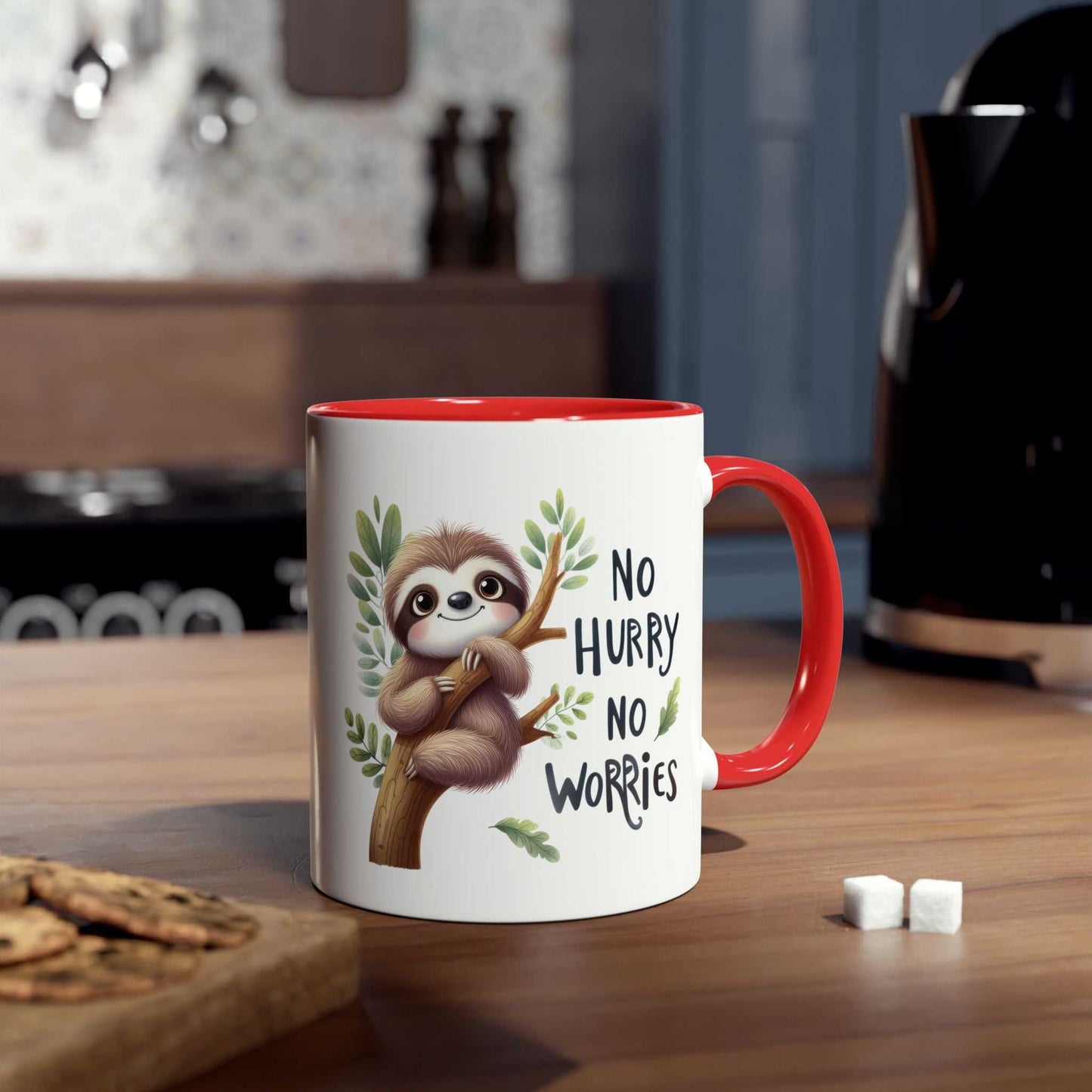 Cute sloth coffee mug with "No Hurry No Worries" design, perfect gift for animal lovers.