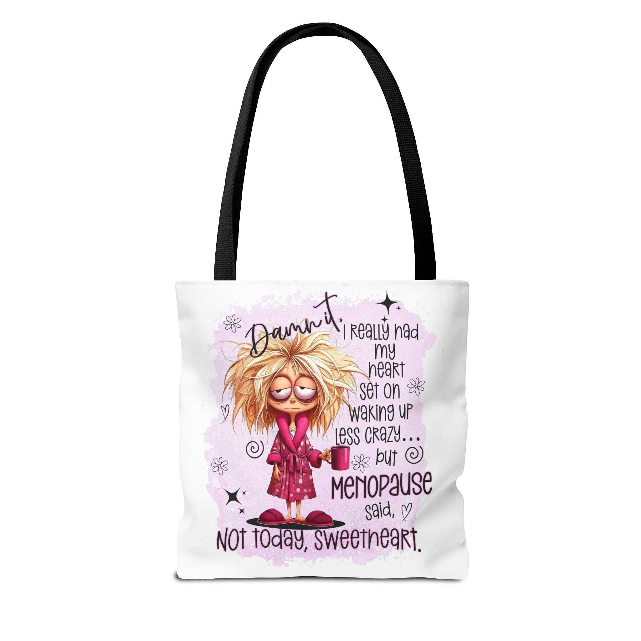 Cheeky menopause humour tote bag with durable spun polyester and multiple handle color options