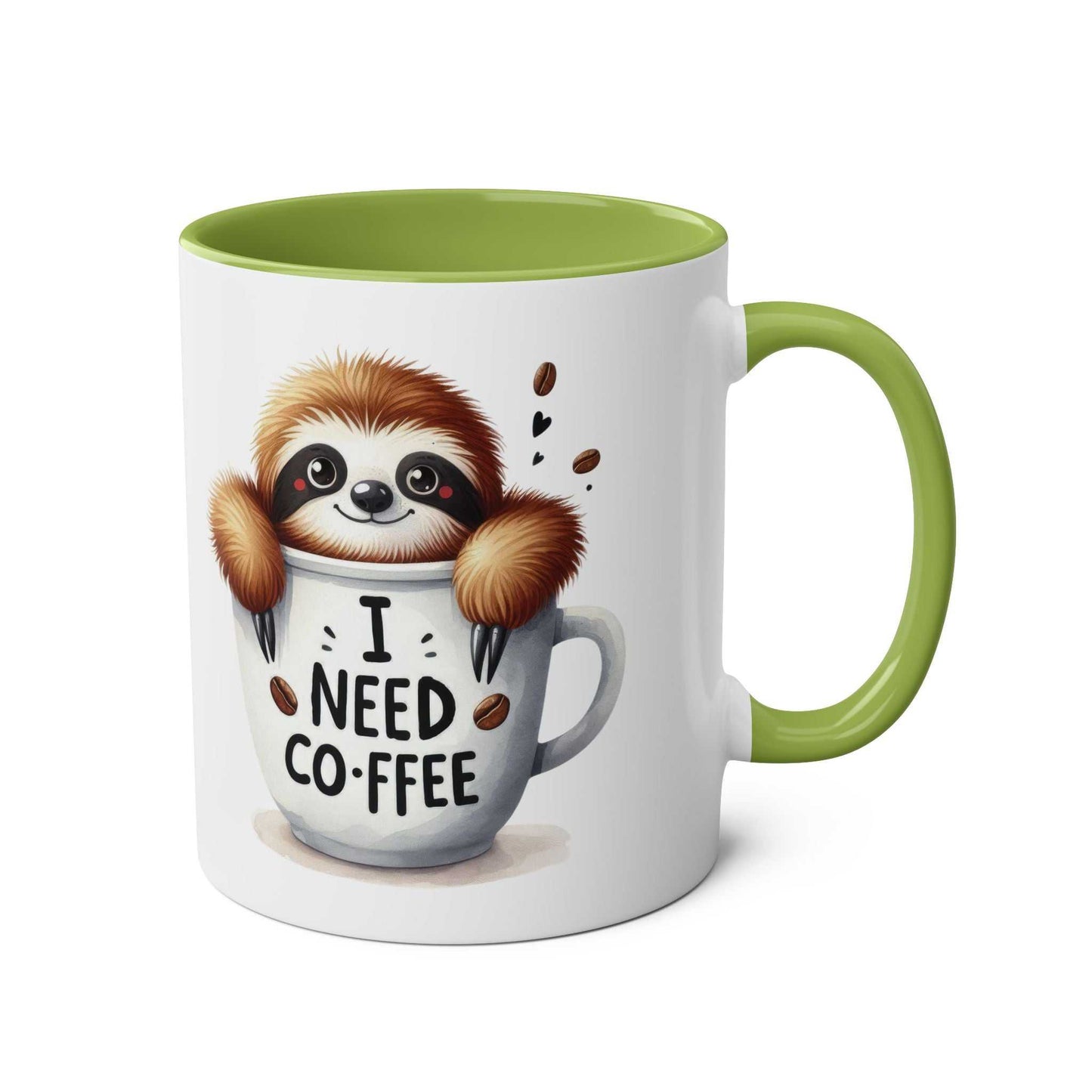 Cute sloth coffee mug with whimsical design and green interior.