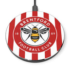Brentford FC wireless charger with bee crest and red-white design, 10W fast charging, durable aluminium casing, compatible with Qi-enabled phones