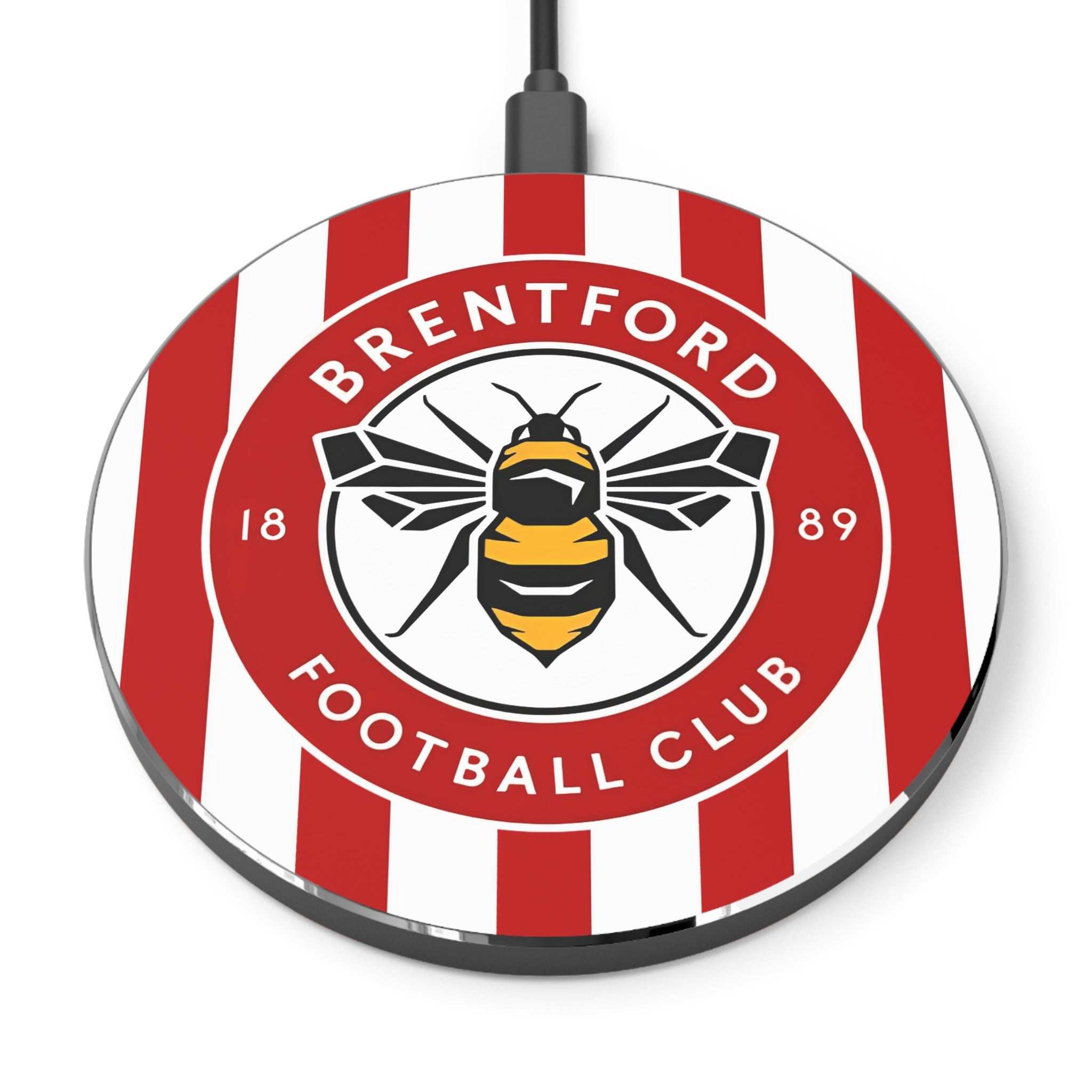 Brentford FC wireless charger with bee crest and red-white design, 10W fast charging, durable aluminium casing, compatible with Qi-enabled phones