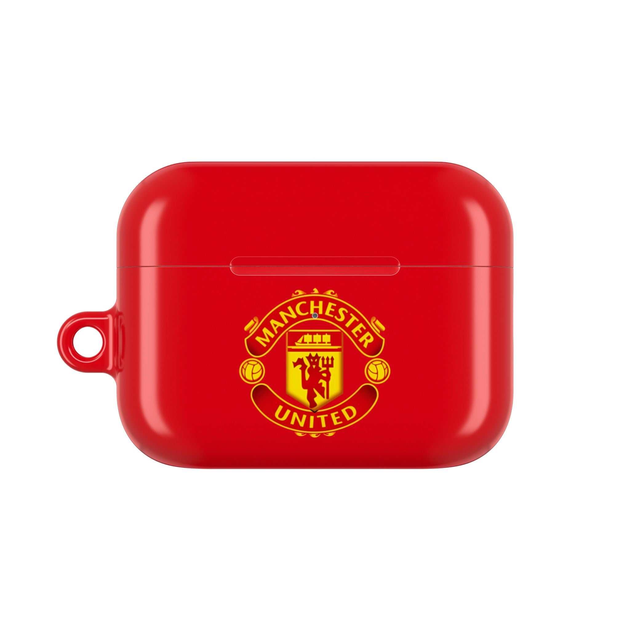 Manchester Utd FC AirPods protective case in red with club crest, shock-resistant and glossy finish