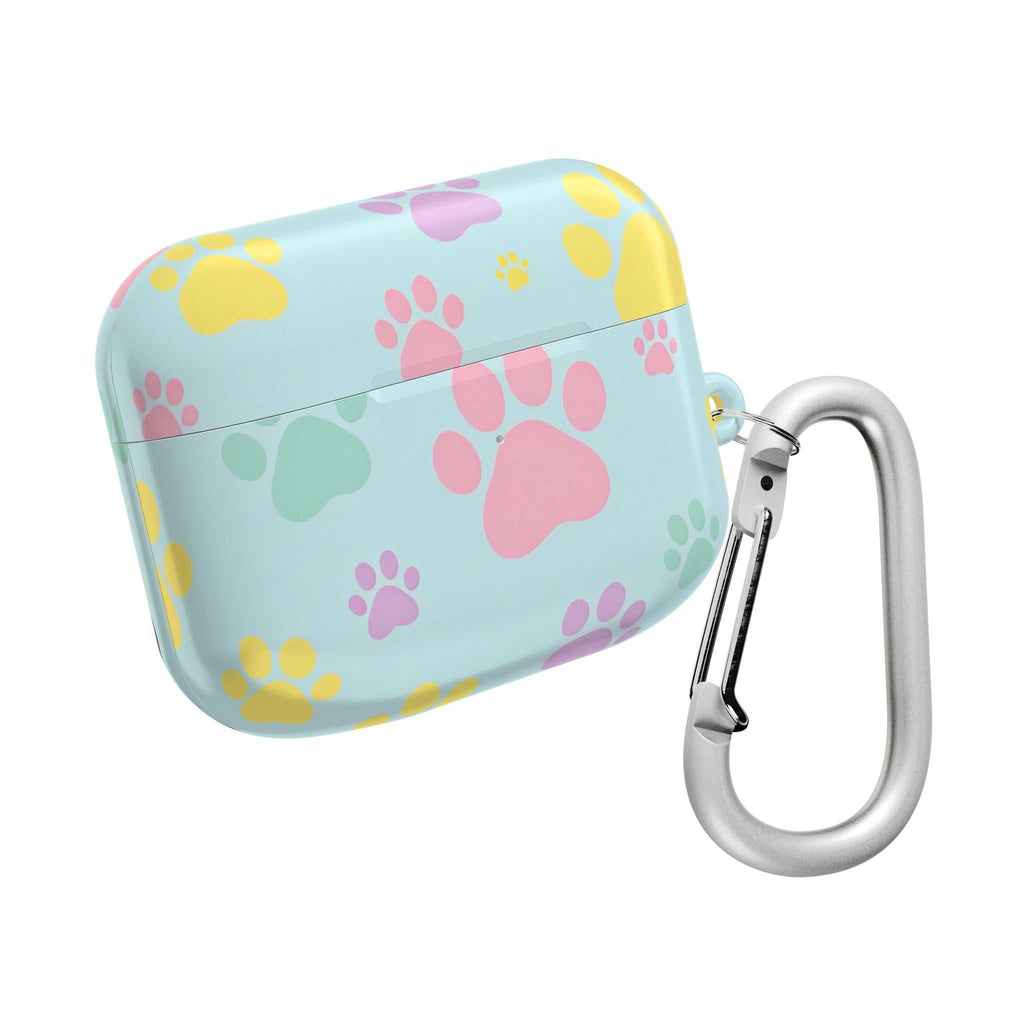 Pastel doggy paw print AirPods Pro protective case with keychain clip, durable hard shell, vibrant colors