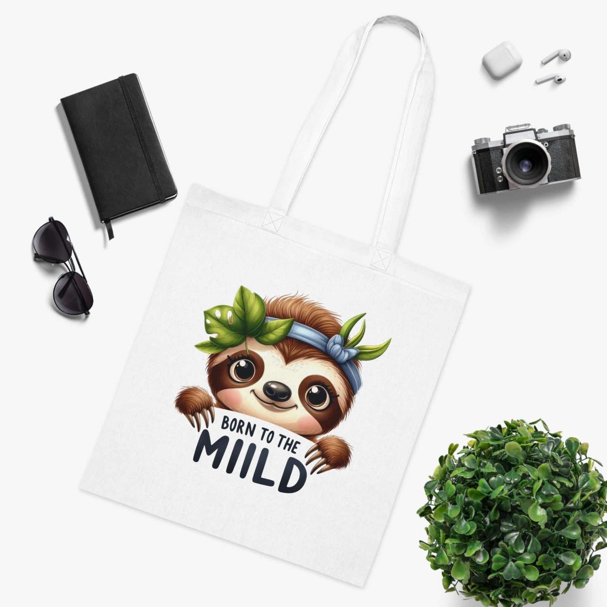 Cute sloth tote bag with colorful design and durable cotton fabric.