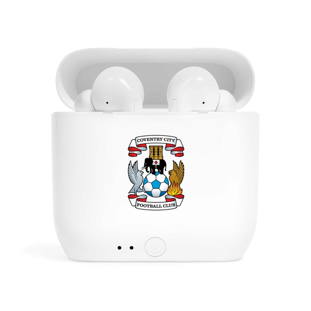 Wireless earbuds with Coventry City Fc fan-inspired crest charging case, Bluetooth 5.0, and ergonomic design