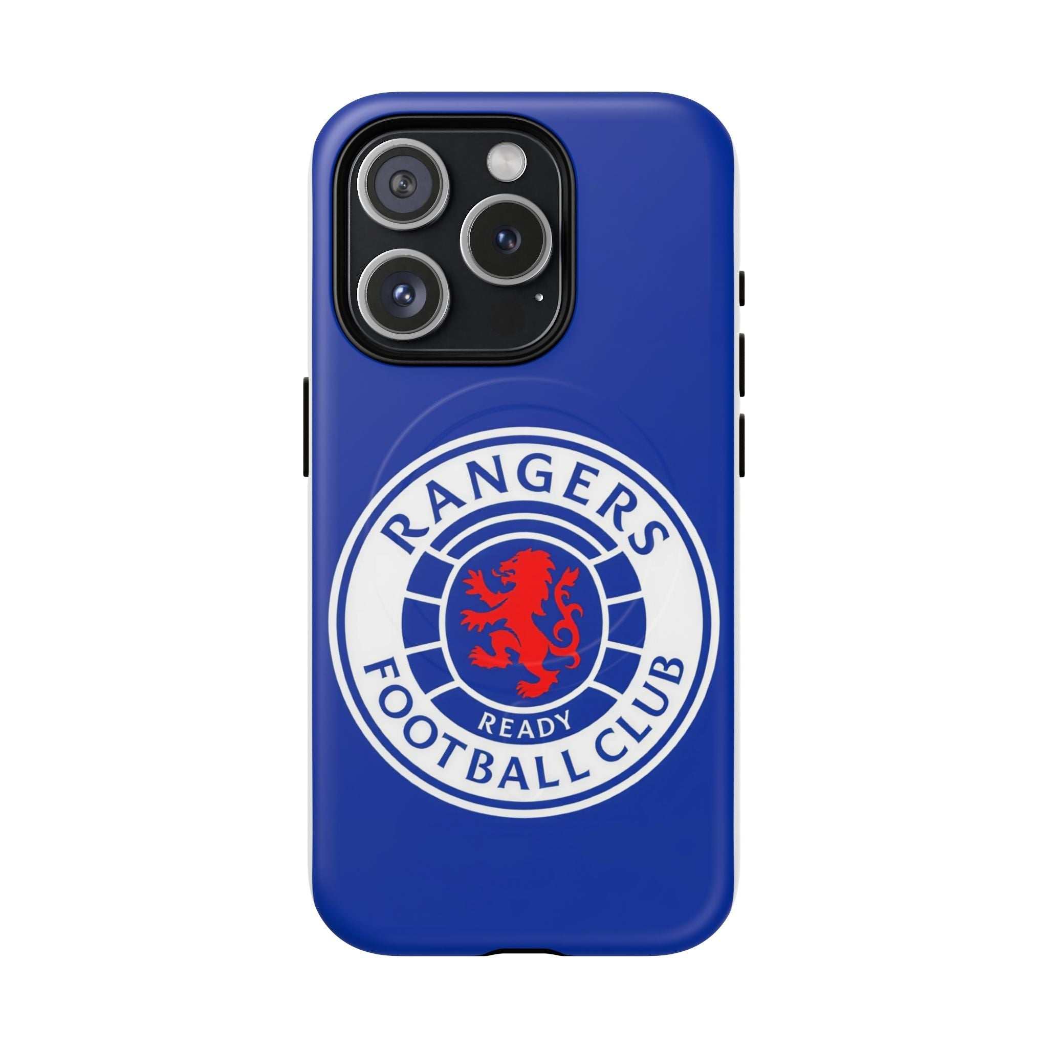 Rangers FC MagSafe iPhone case in royal blue with club crest, dual-layer protection, MagSafe compatible, durable and slim design