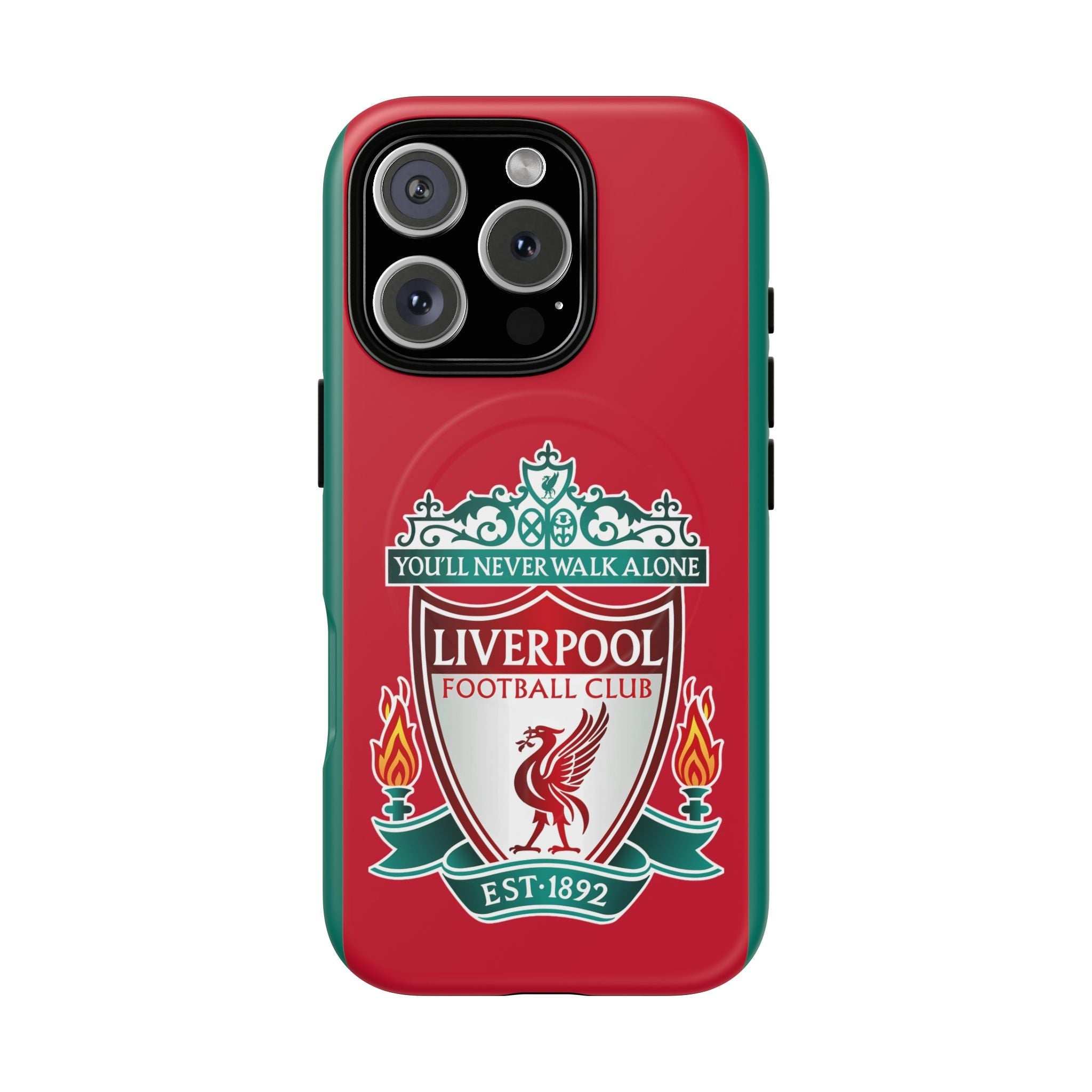 Liverpool FC MagSafe iPhone case with red color and official-inspired crest, dual-layer protection, and wireless charging compatibility