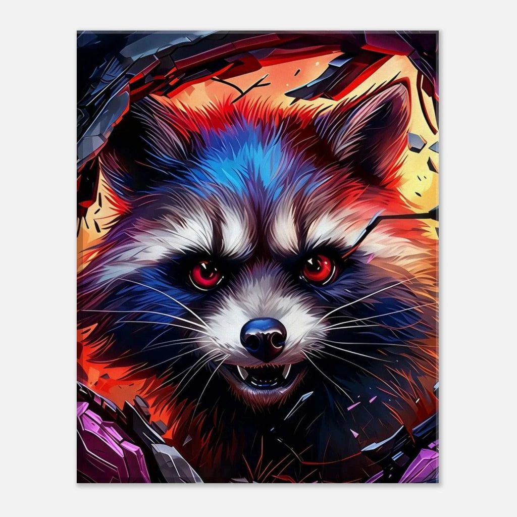 Rocket Raccoon wall canvas with dynamic artwork, vibrant colors, and mischievous charm.