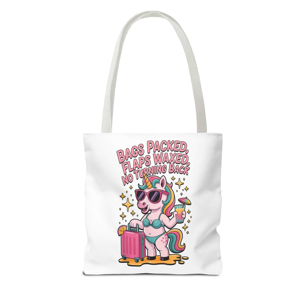 Fun Unicorn Travel Tote Bag with cheeky design, durable polyester, multiple sizes and handle colors