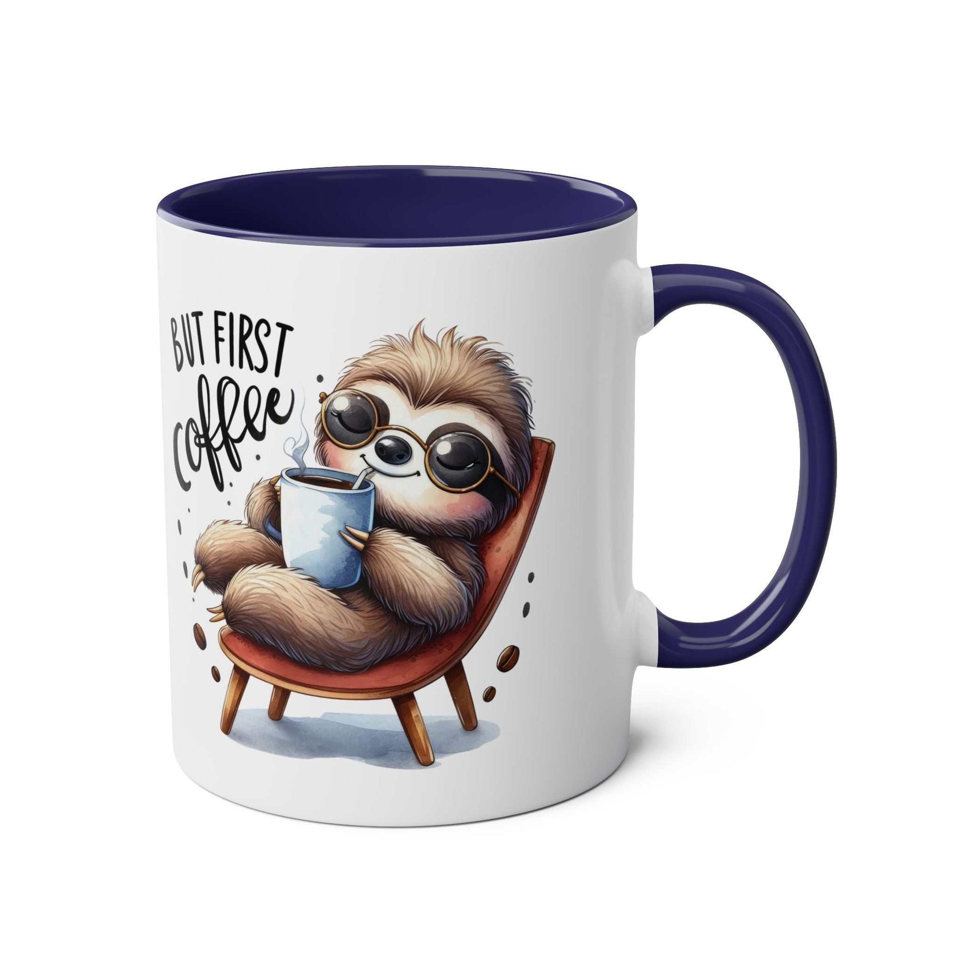 Cute sloth coffee mug with whimsical design and matching coaster.