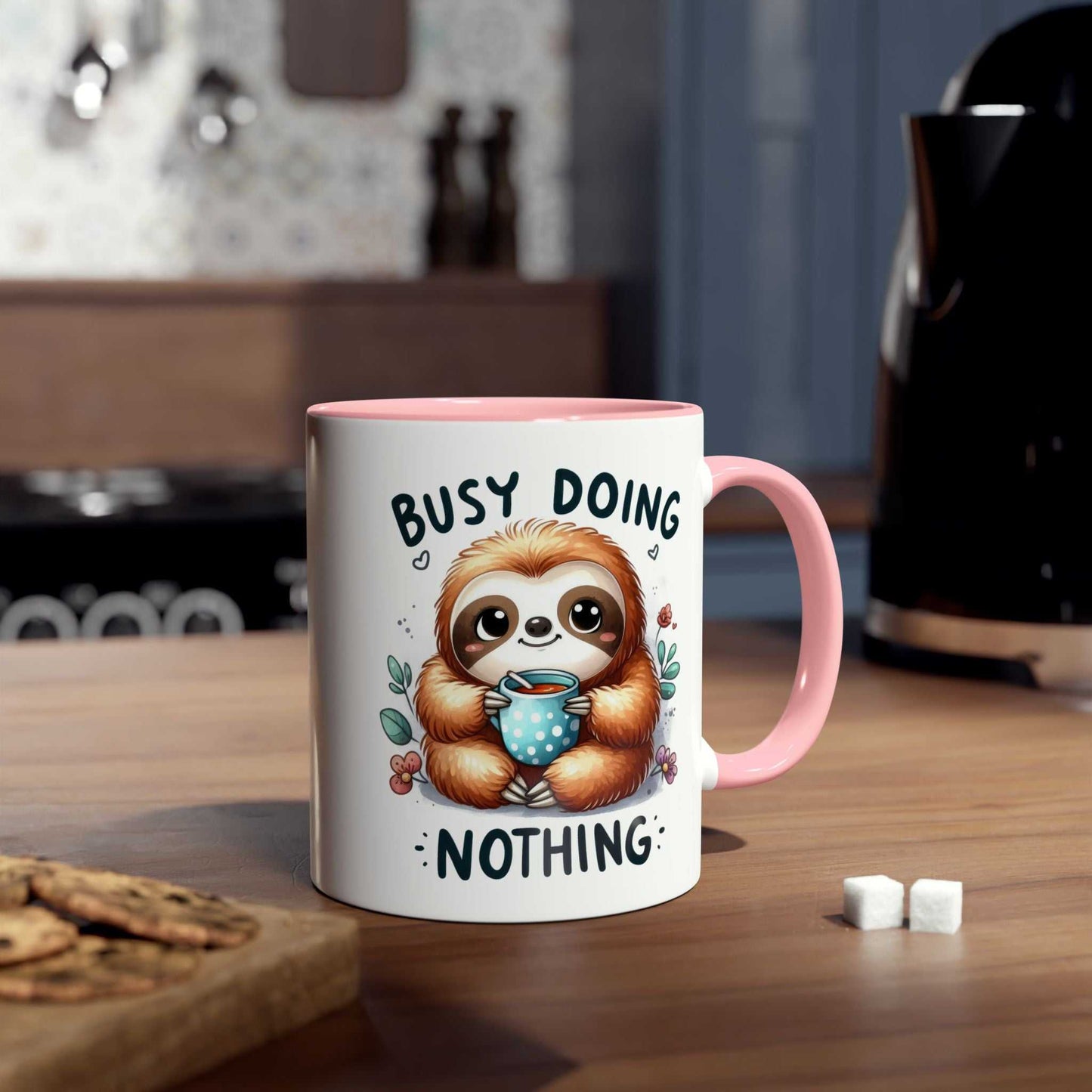 Cute sloth coffee mug with "Busy Doing Nothing" design, perfect for animal lovers.