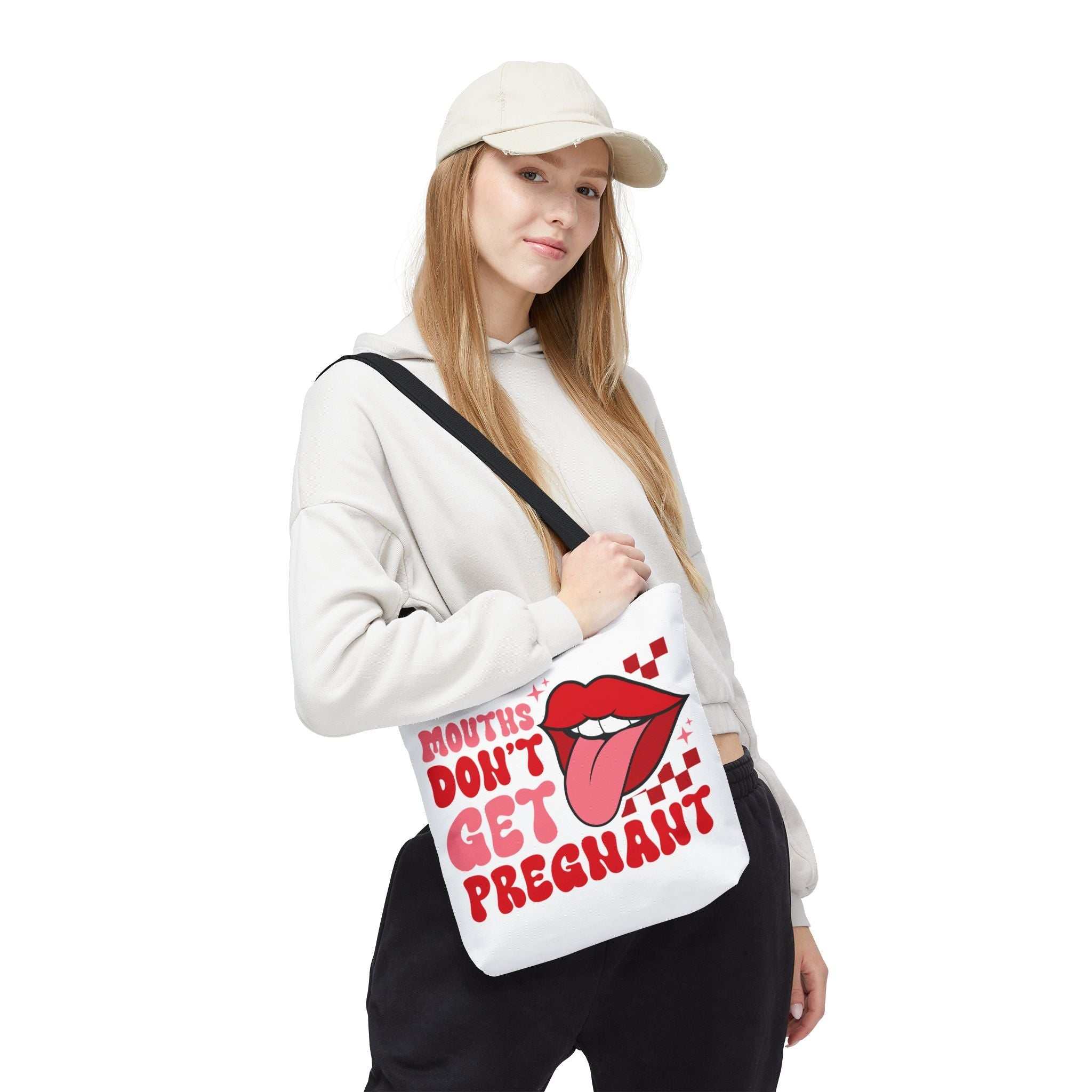 Mouths Dont Get Pregnant tote bag with cheeky design, durable spun polyester, multiple sizes and handle colors, reusable and lightweight.