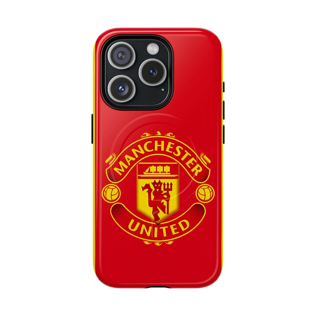 Manchester United MagSafe iPhone case with red and gold team crest, dual-layer protection, and wireless charging compatibility