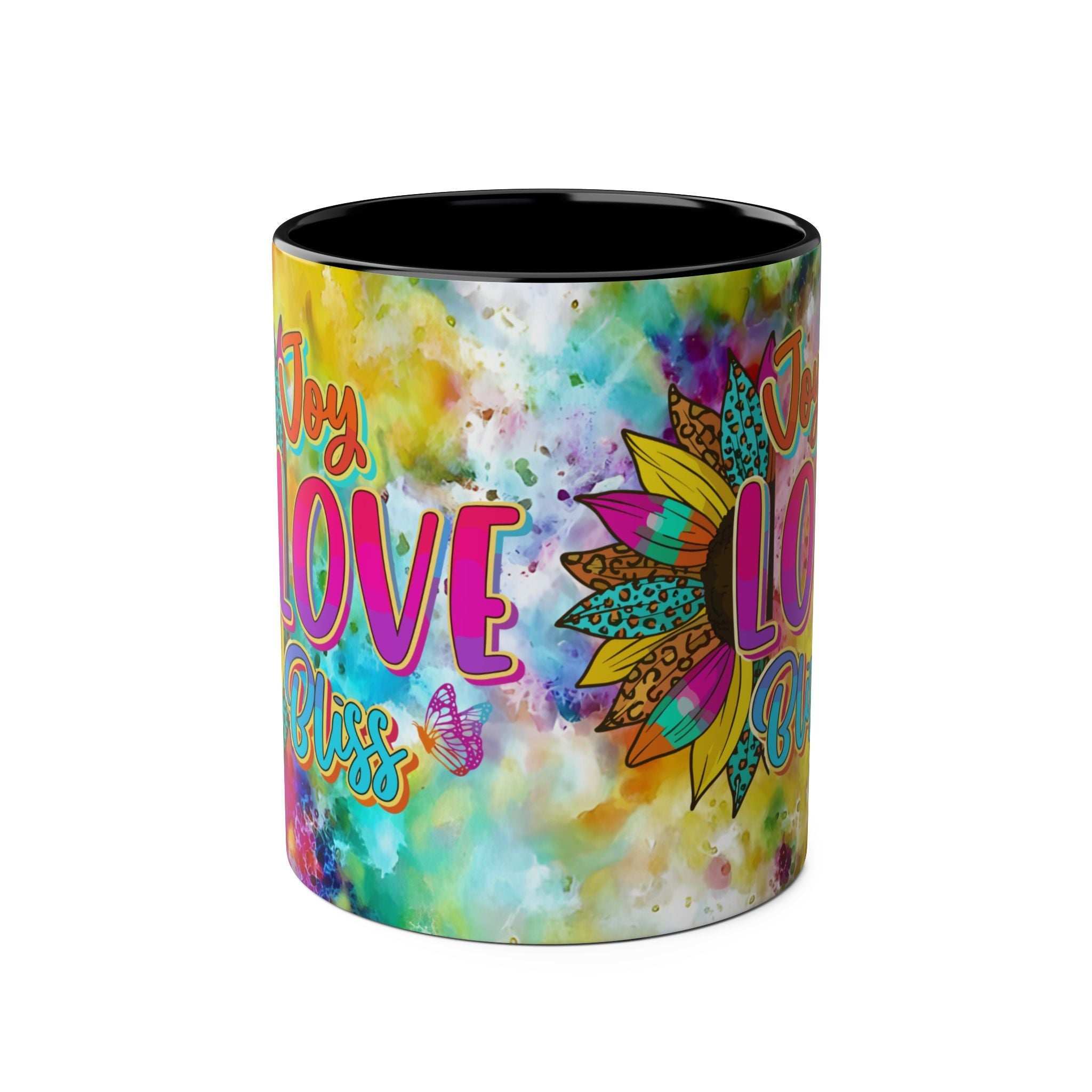 LGBTQ+ Pride Mug with vibrant rainbow design and 'Joy Love Bliss' text, 11oz ceramic, glossy finish.