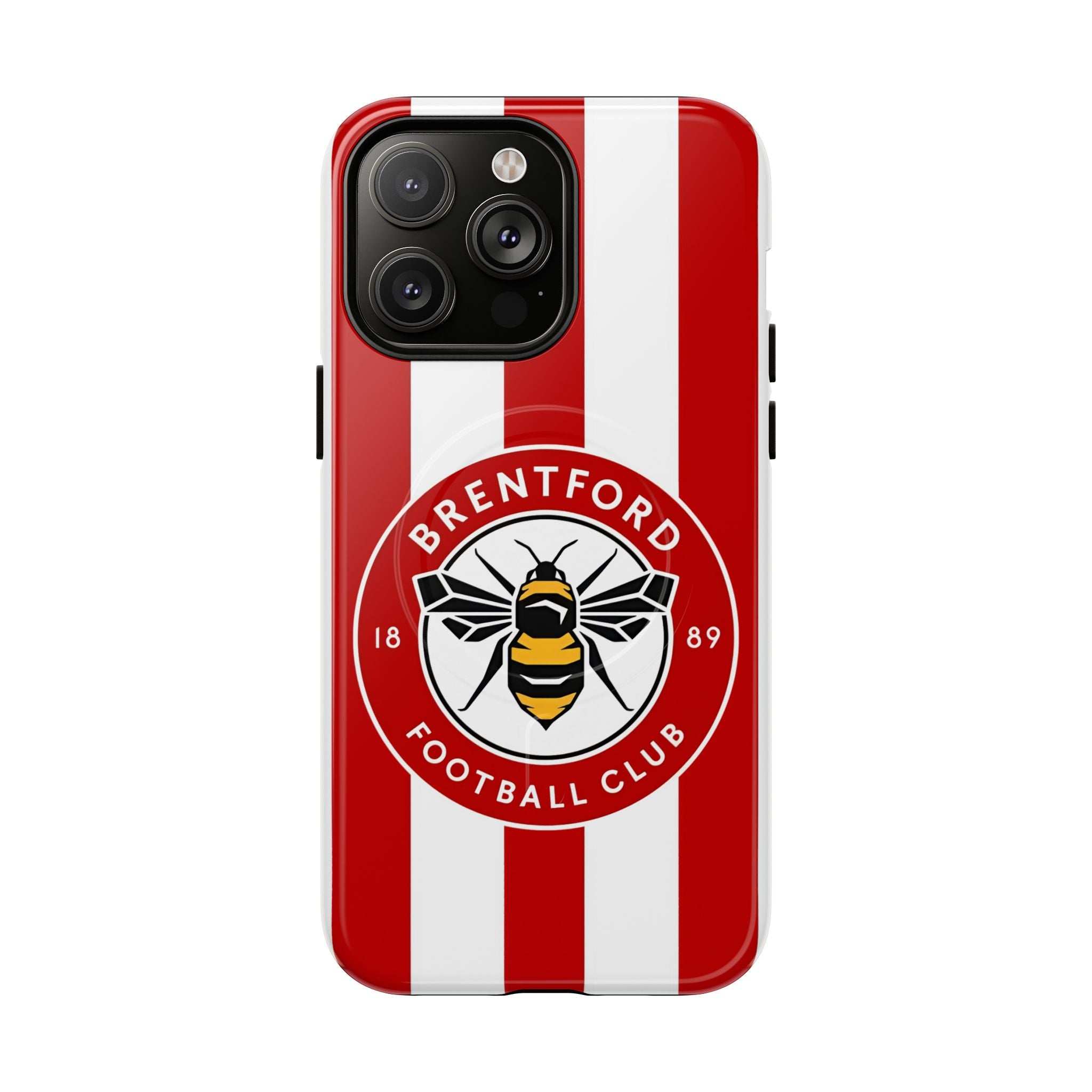 Brentford FC MagSafe iPhone case with red and white stripes and bee crest, dual-layer protection, shock-absorbing TPU, and MagSafe compatibility.