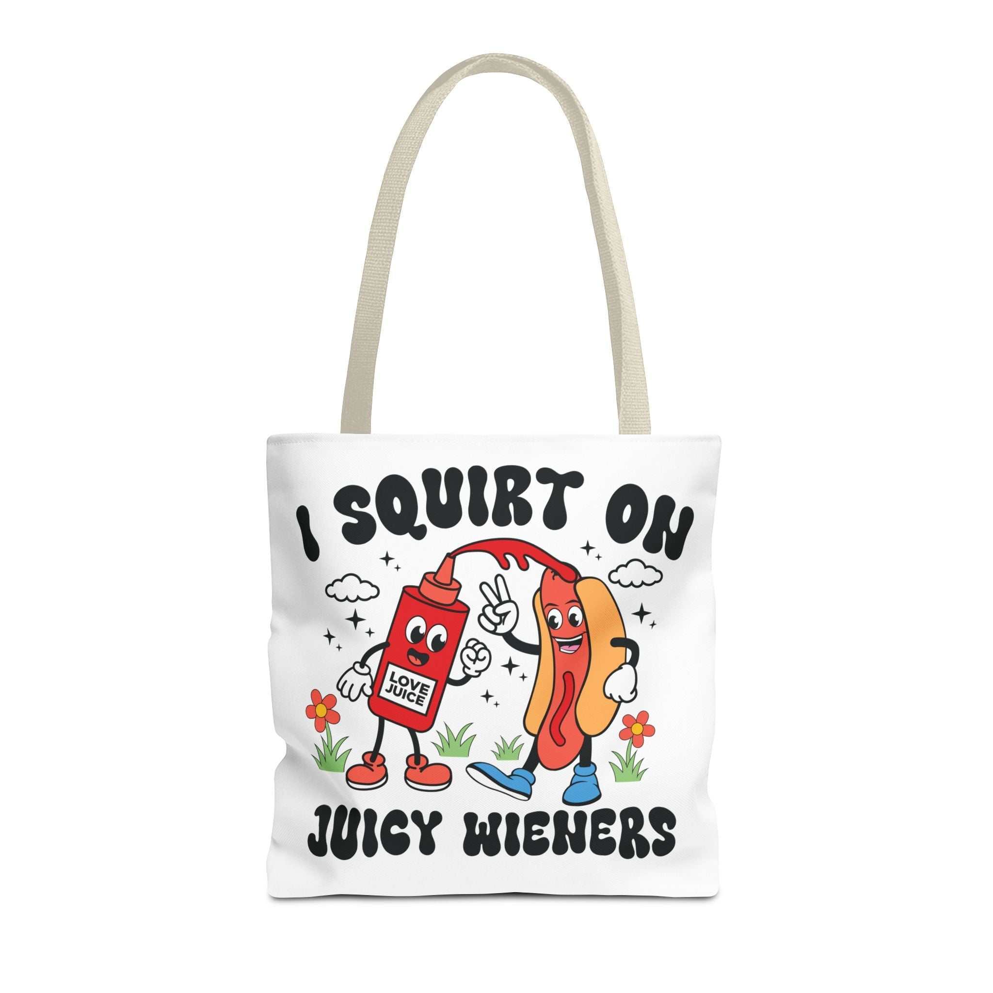 Cheeky Juicy Wieners Fun Tote Bag with durable spun polyester and colorful handles