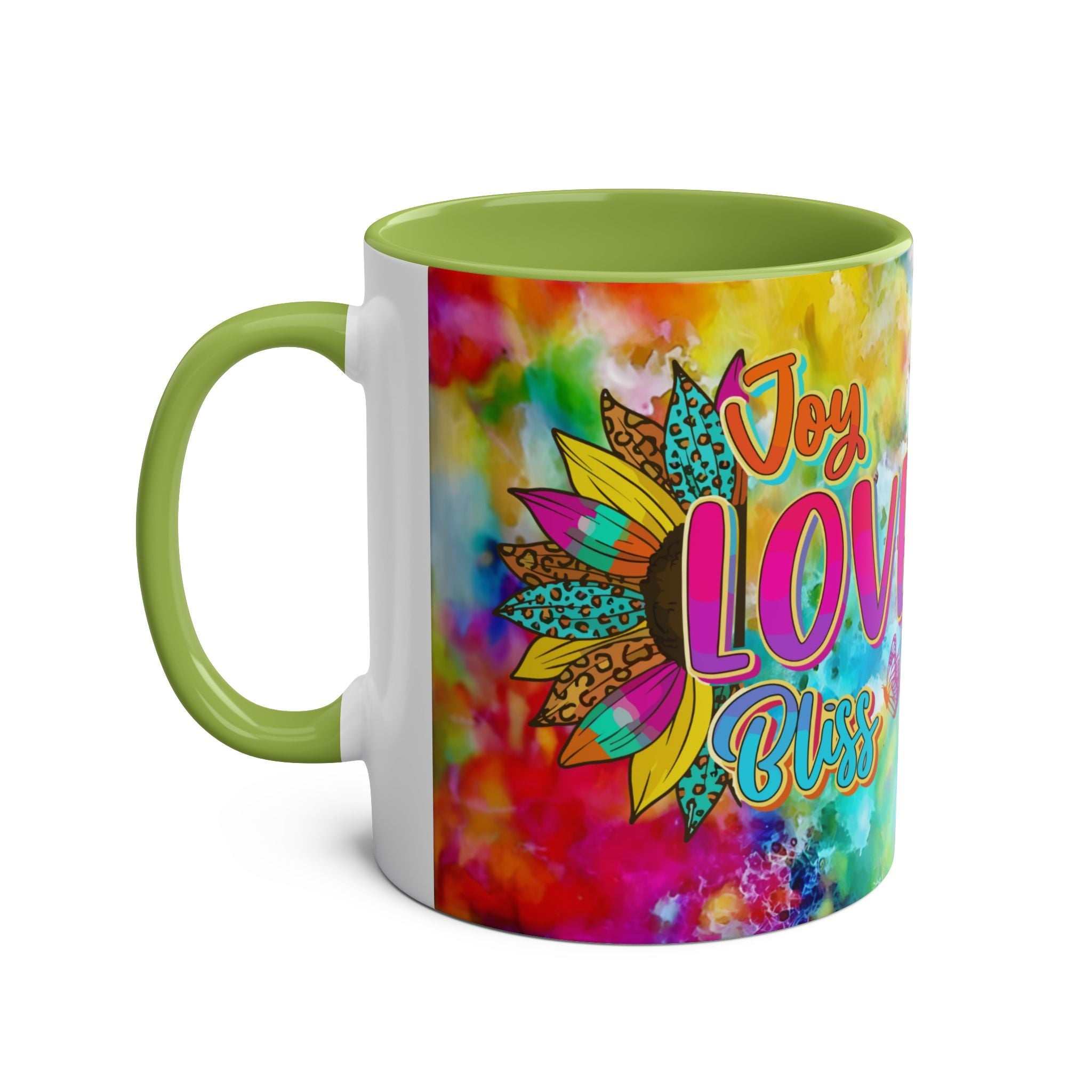 LGBTQ+ Pride Mug with vibrant rainbow design and "Joy Love Bliss" text, green handle and interior, 11oz ceramic.