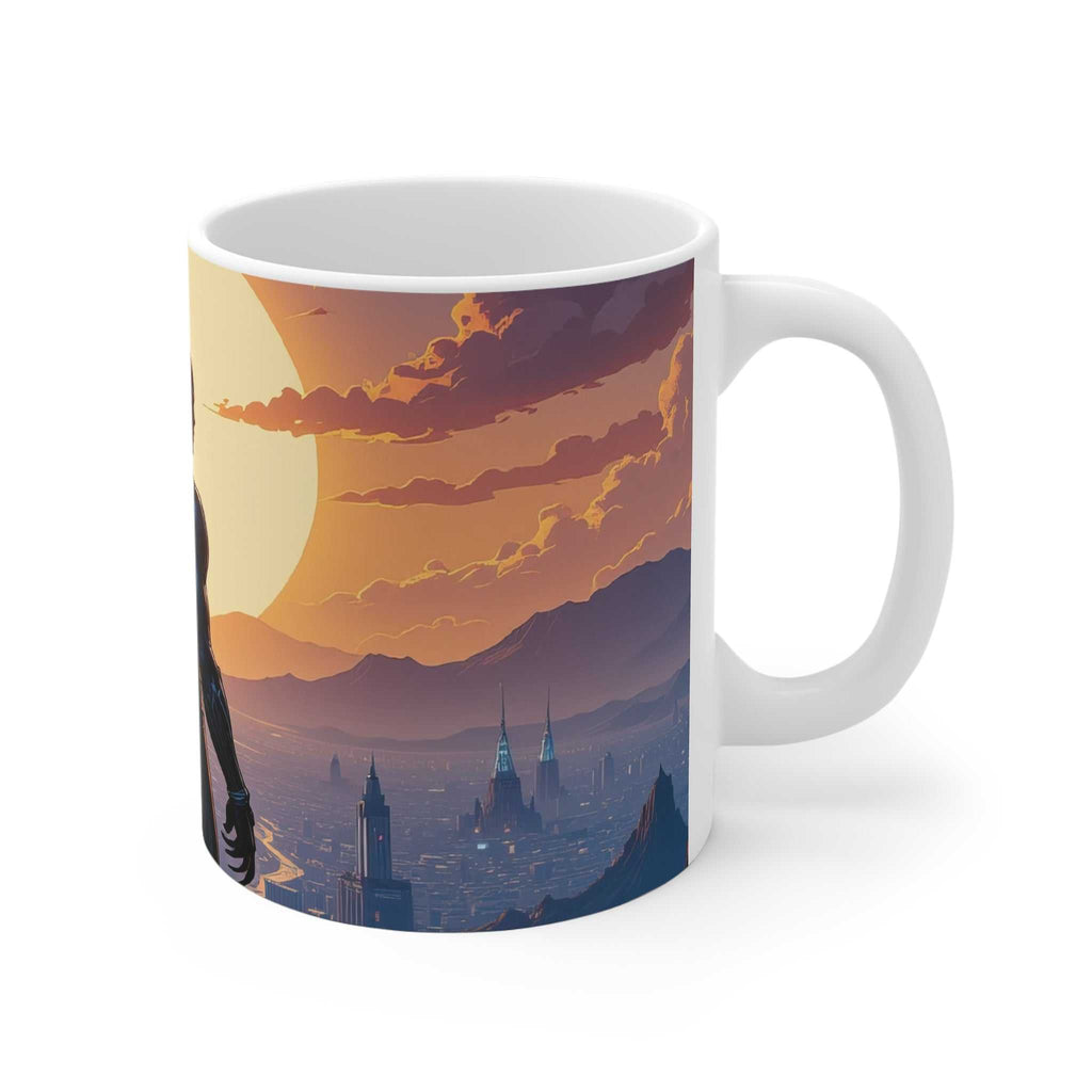 White ceramic Black Panther mug featuring a vibrant sunset superhero design, 11oz, microwave and dishwasher safe.