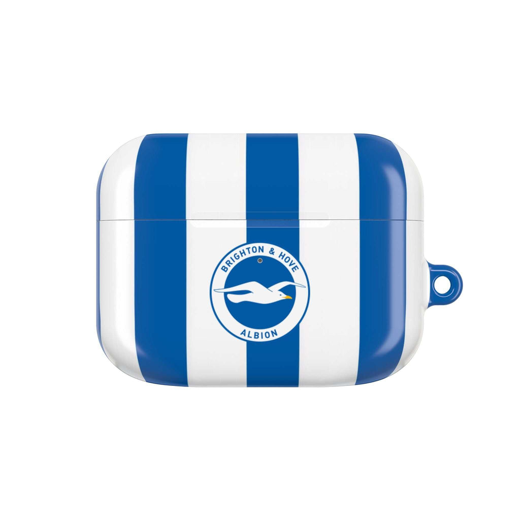 Brighton FC AirPods case with blue and white stripes and club crest, durable hard shell protection for AirPods and AirPods Pro