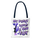 Cheeky fun cat toy tote bag with colorful handles, durable polyester, available in three sizes