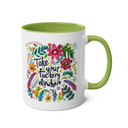 Colorful floral "Take Your Fuckery Elsewhere" coffee mug with green interior, ceramic, 11oz, sublimation print.