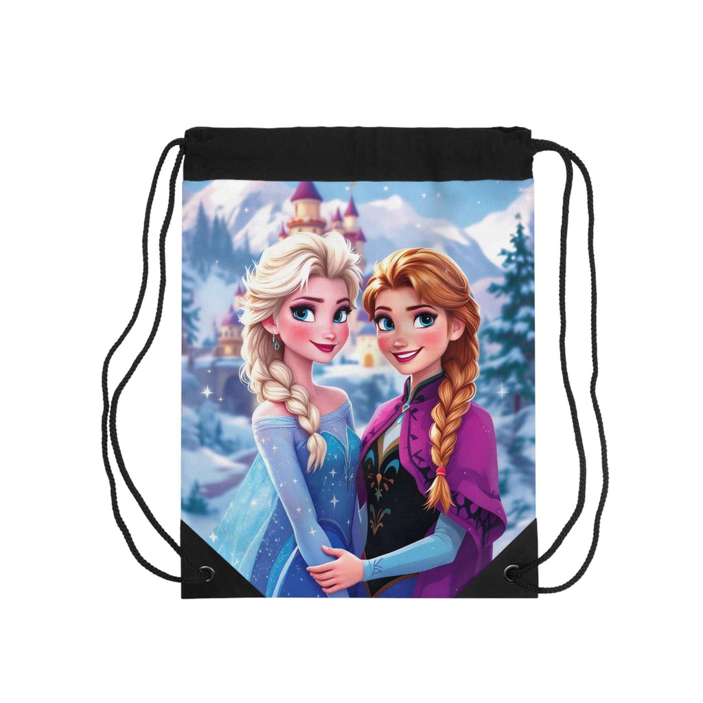 Frozen-inspired drawstring bag with winter princess design and snowflake details