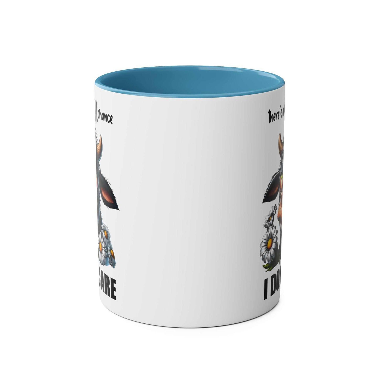 I Dont Care Coffee Mug with sarky cow design, 11oz ceramic, glossy finish, microwave and dishwasher safe.