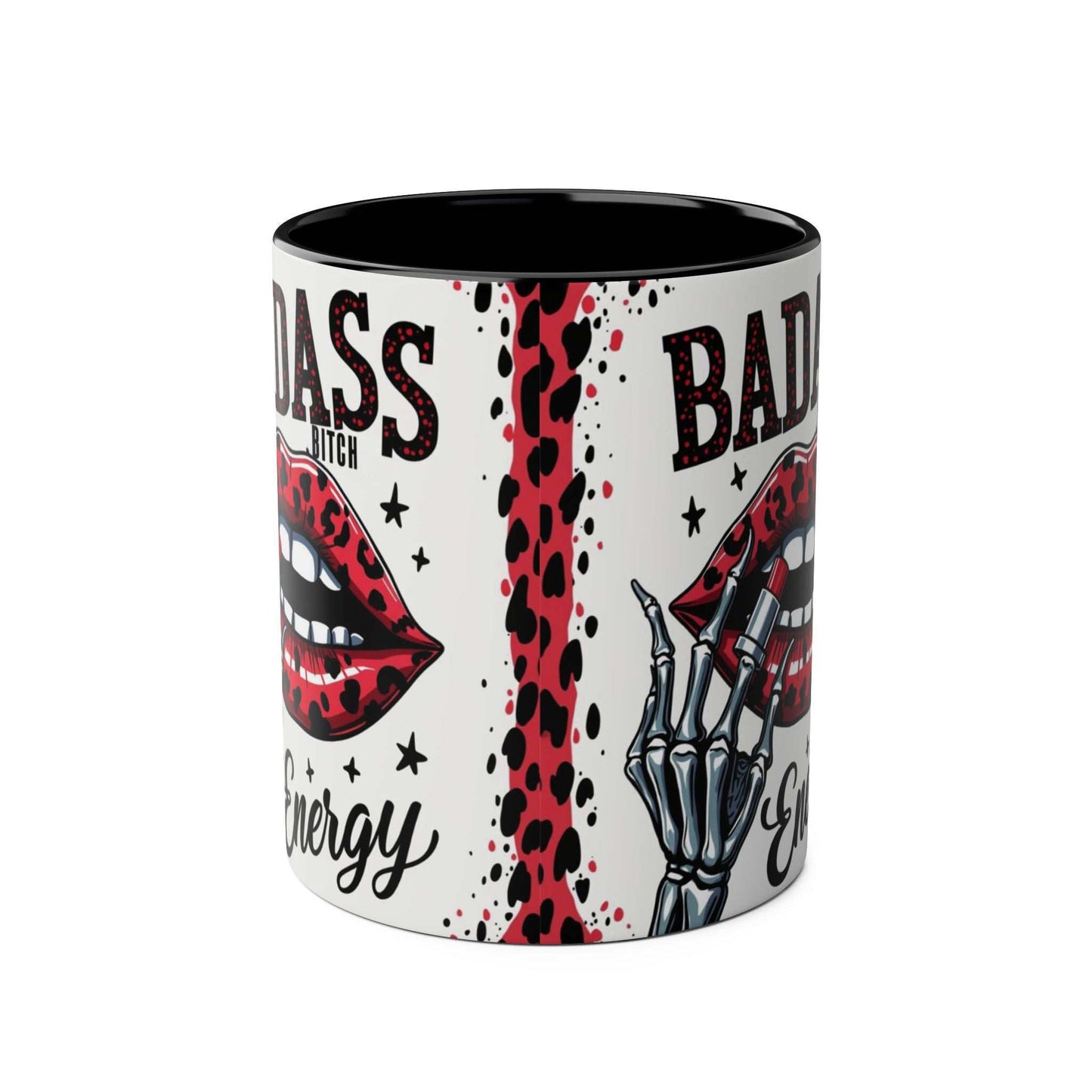 Badass Bitch Ceramic Two Tone Mug with edgy design, red lips, and skeleton hand; available in black or red.