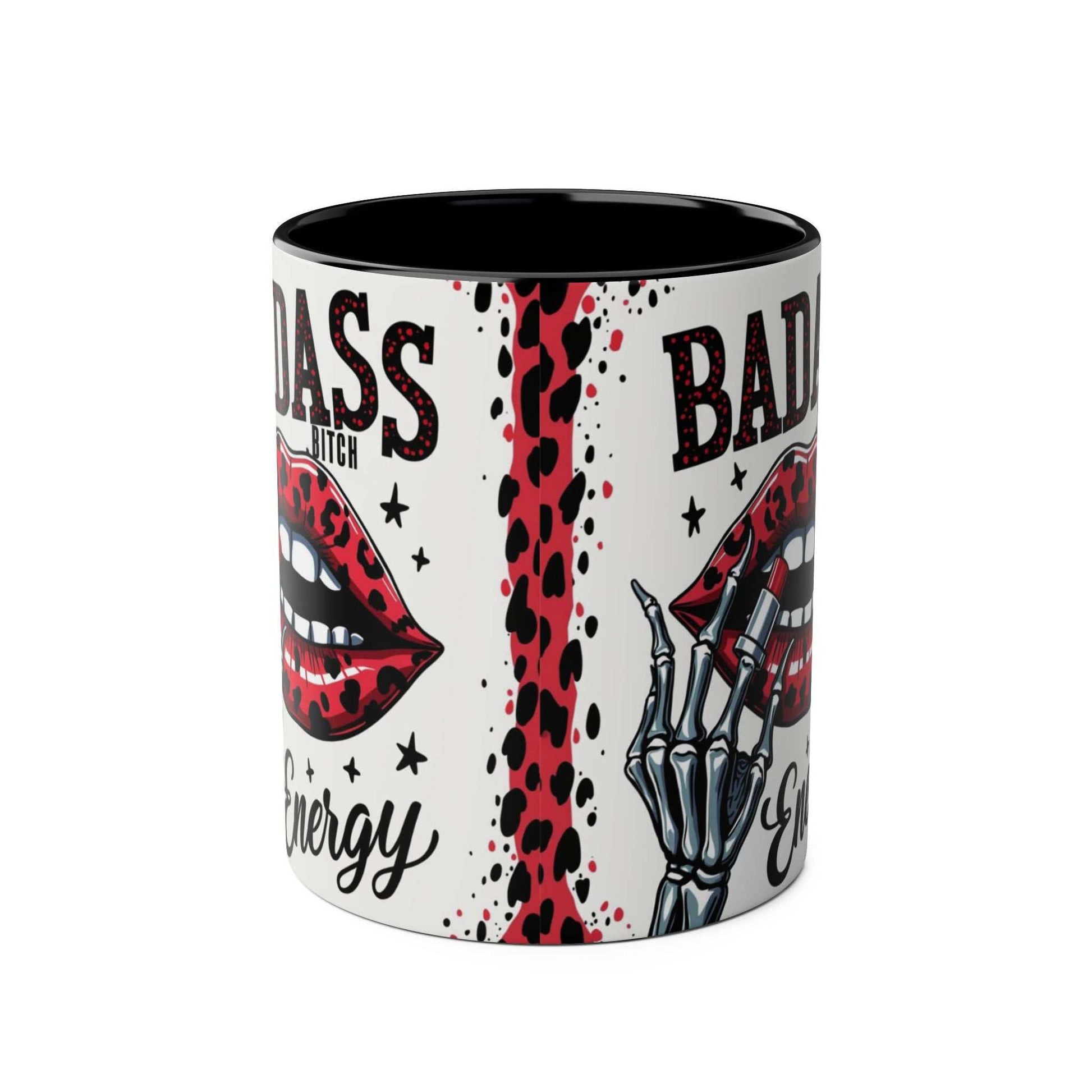 Badass Bitch Ceramic Two Tone Mug with edgy design, red lips, and skeleton hand; available in black or red.